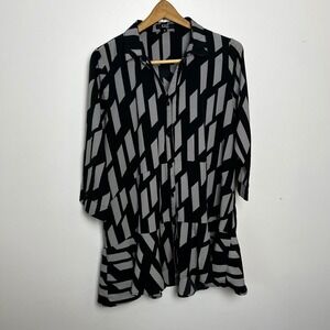 Lior Paris Donna Geometric Print Button Down Tunic Ruffle Hem Black White M